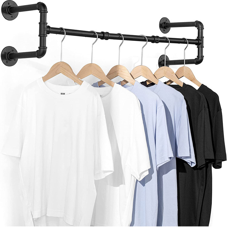 JH-Mech Pipe Clothes Hanger Galvanized Metal Iron DIY Heavy Duty Black Wall Mounted Pipe Clothes Rack with Shelves