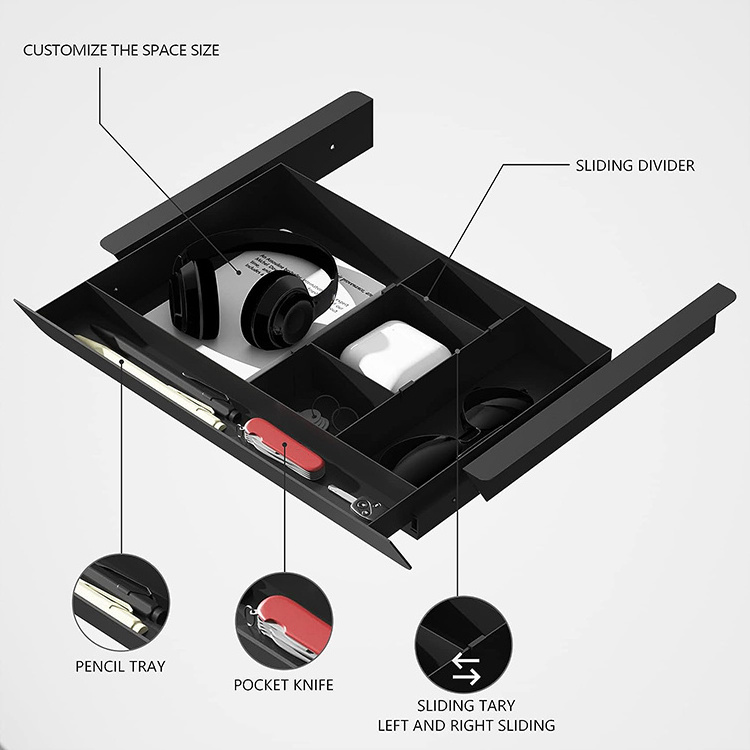 JH-Mech Custom Large Storage Organizer Adjustable Sliding Pull Out Black Powder Coated Durable Material Metal Under Desk Drawer