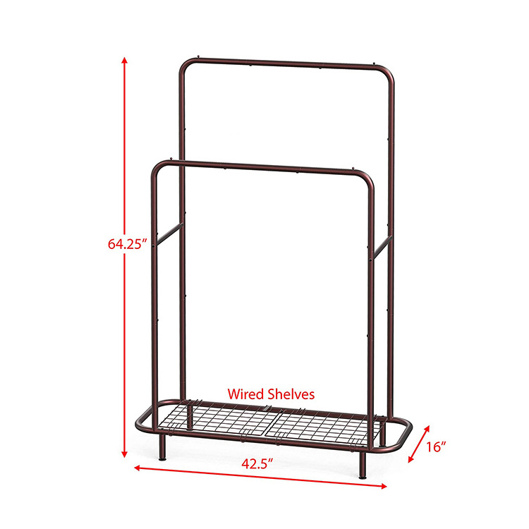 JH-Mech Easy to Assemble Durable Design with Bottom Shelves Bronze Clothing Stand Metal Garment Display Rack