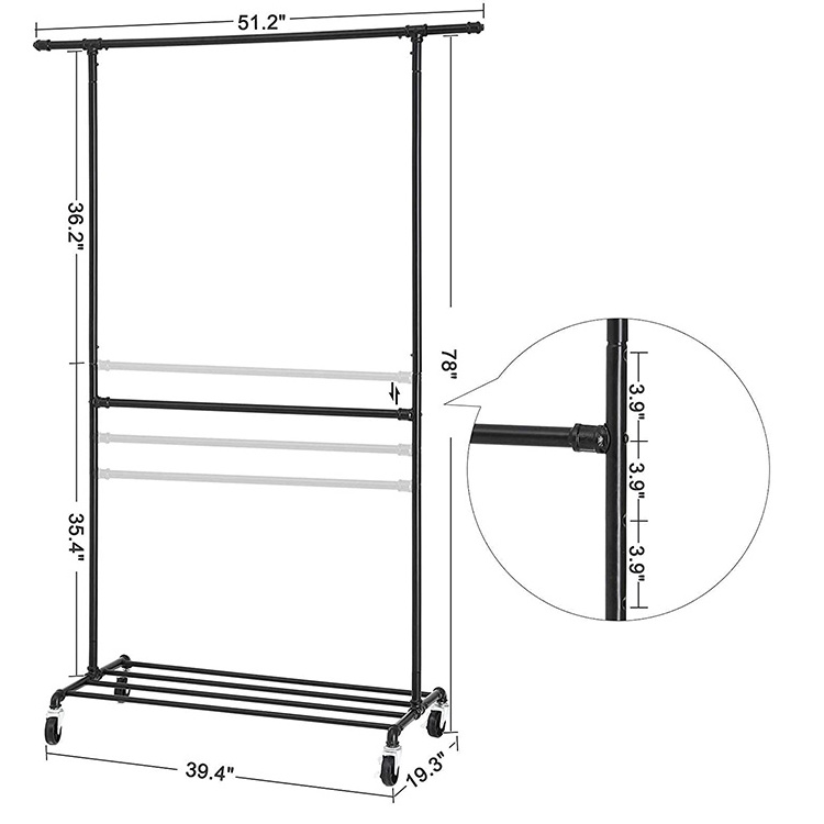 JH-Mech Heavy Duty Industrial Decor Pipe Garment Racks Display with Wheels Metal Clothing Racks