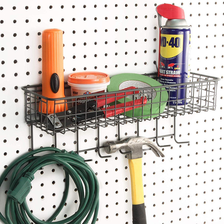 JH-Mech Metal Black Bathroom Storage Pegboard Wire Basket with Door Hanger for Kitchen Organization Wire Tool Rack