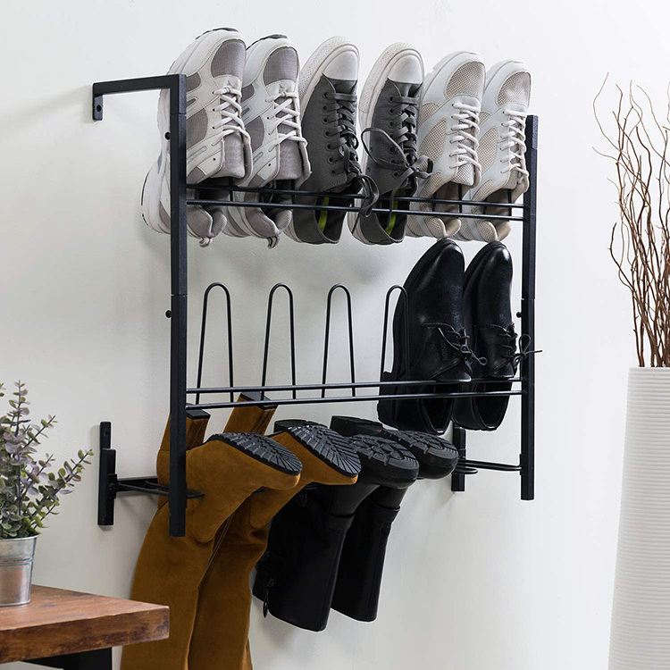 JH-Mech Shoe Display Rack for Home Commercial Modern Multi Layer Black Wall Mounted Metal Wire Shoe Racks