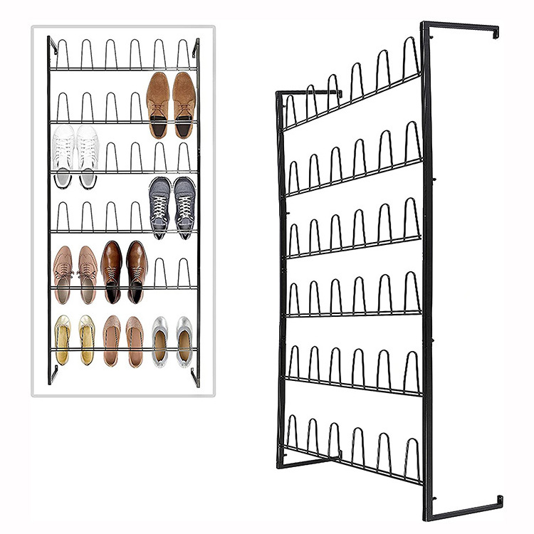 JH-Mech Entryway Shoe Organizer Shelf for Closet with 36 Hooks Black 18 Pairs Wall Mounted Shoe Rack