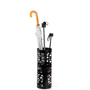 JH-Mech Home Office Cane Walk Stick Holder Hollow Design Sturdy Rust-resistant Coating Round Black Umbrella Stand Metal