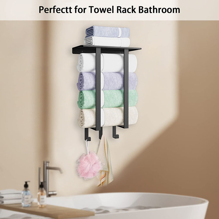 JH-Mech Metal Square Tube Towel Rack With Shelf & 3 Hooks Towel Rack Bath Vertical Towel Rack For Sale