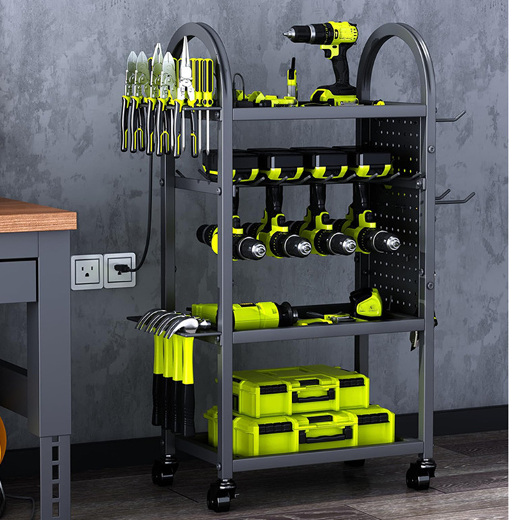 JH-Mech Power Tool Holder ODM Workshop Use Metal Stamping Heavy Duty 4 Tiers Black Coated Carbon Steel Power Tool Organizer