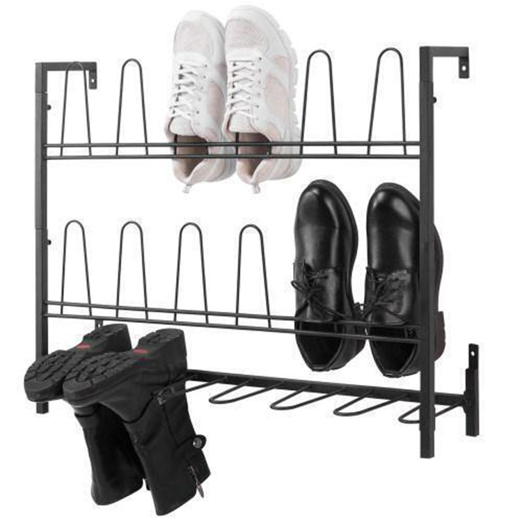 JH-Mech Black Metal Wire Boot Rack Hanging Shoe Organizer Three Layer Wall Mounted Shoe Rack