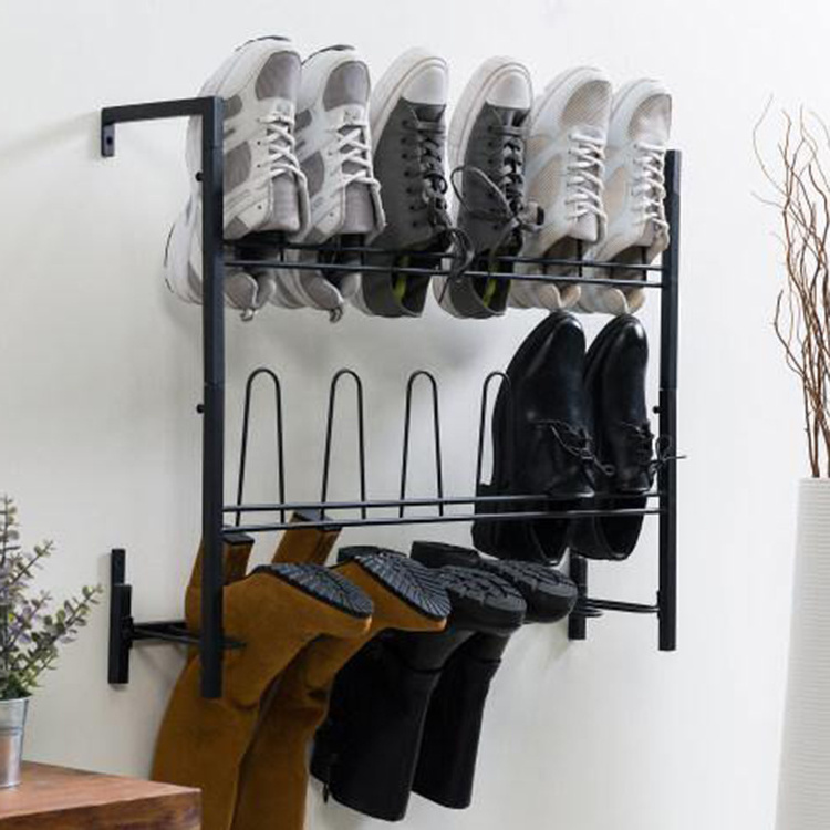 JH-Mech Black Metal Wire Boot Rack Hanging Shoe Organizer Three Layer Wall Mounted Shoe Rack