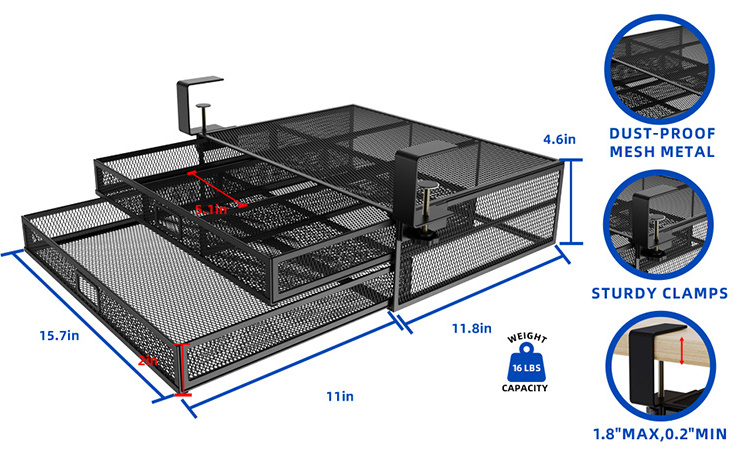 JH-Mech Under Desk Drawer Organizer 2 tiers Excellent Strength Lightweight Slide Out High Carbon Steel Under Desk Drawer