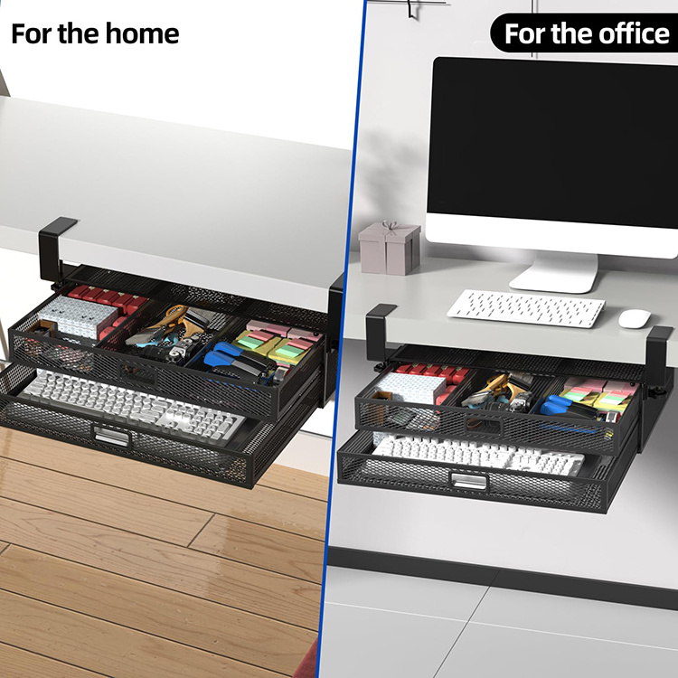 JH-Mech Under Desk Drawer Organizer 2 tiers Excellent Strength Lightweight Slide Out High Carbon Steel Under Desk Drawer