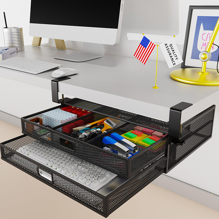 JH-Mech Under Desk Drawer Organizer 2 tiers Excellent Strength Lightweight Slide Out High Carbon Steel Under Desk Drawer