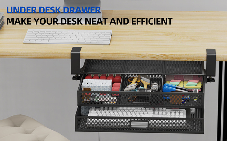 JH-Mech Under Desk Drawer Organizer 2 tiers Excellent Strength Lightweight Slide Out High Carbon Steel Under Desk Drawer