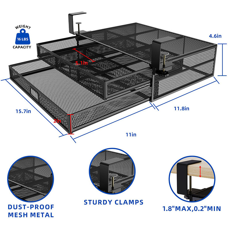 JH-Mech Under Desk Drawer Organizer 2 tiers Excellent Strength Lightweight Slide Out High Carbon Steel Under Desk Drawer