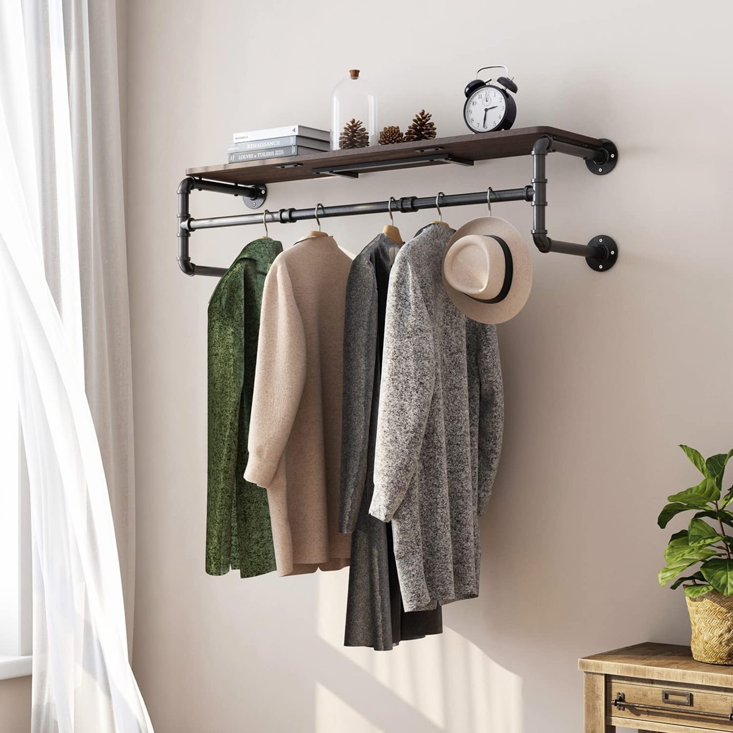 JH-Mech Heavy Duty Iron Garment Bar 41''L Wall Mounted Wooden Shelf Pipe Clothing Rack