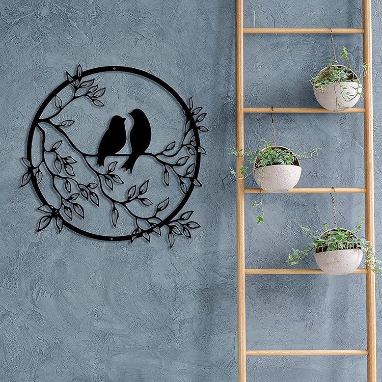 JH-Mech Wall Silhouette Bird on Tree Branch Black Metal Wall Art Decor for Living Room Garden Bedroom Office