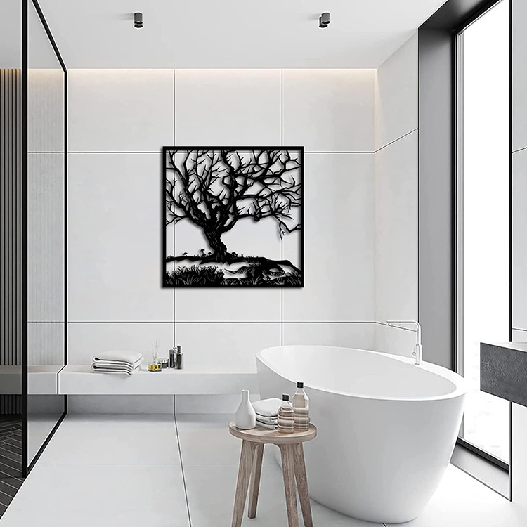 JH-Mech Bedroom Living Room Wall Hanging Forest Tree of Life Rustic Low Gloss Black Lightweight Metal Laser Cut Wall Art