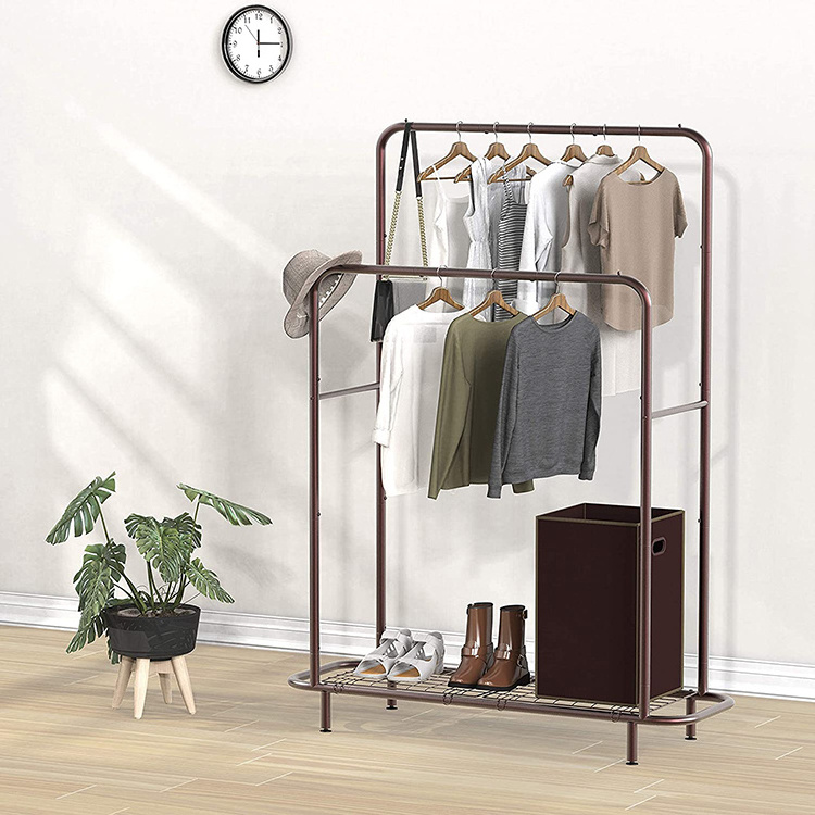 JH-Mech Easy to Assemble Durable Design with Bottom Shelves Bronze Clothing Stand Metal Garment Display Rack