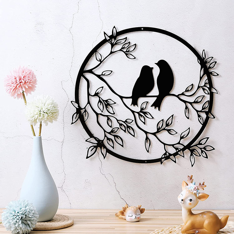 JH-Mech Wall Silhouette Bird on Tree Branch Black Metal Wall Art Decor for Living Room Garden Bedroom Office