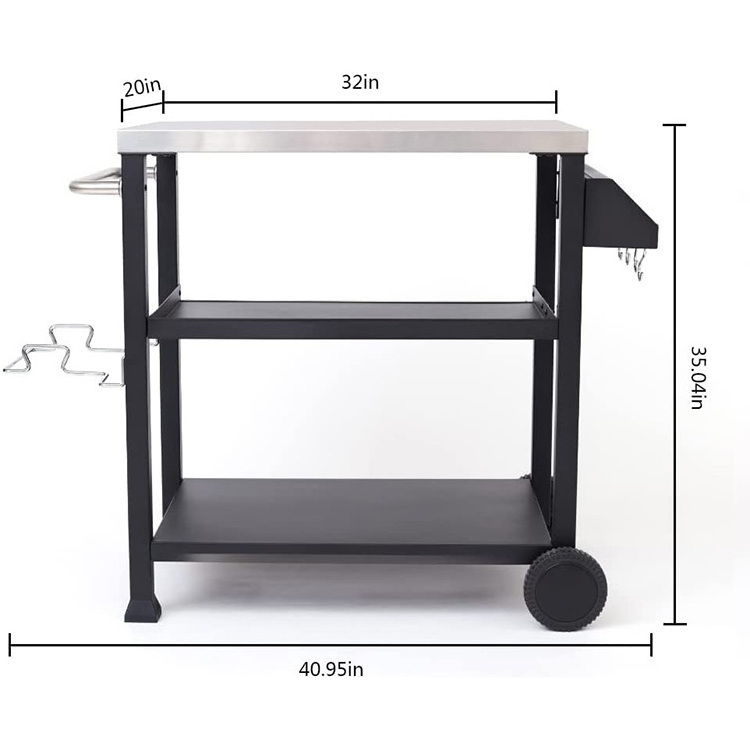 JH-Mech Functional Side Handle Outdoor Pizza Oven Grill Table Prep Cart Stainless Steel Grill Dining Cart