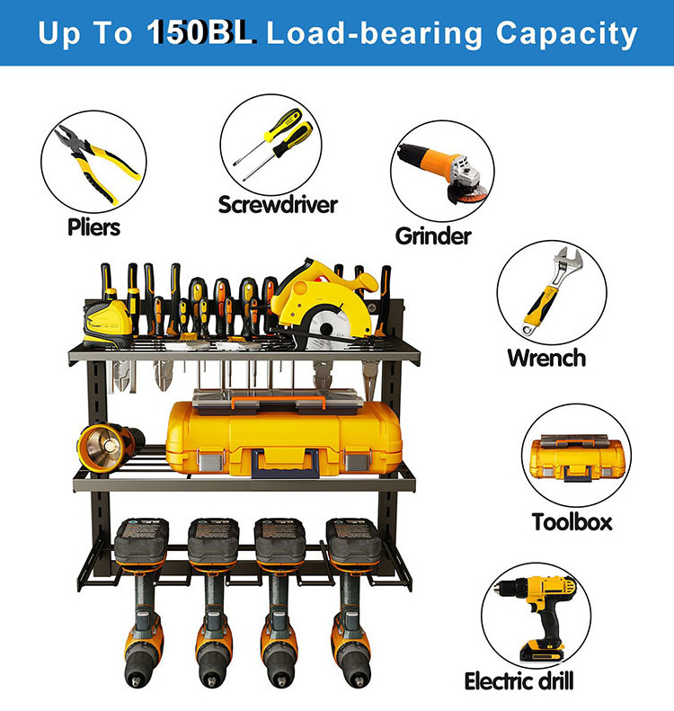 JH-Mech Battery Charging Organizer Floating Tool Shelf Adjustable and Detachable Design Power Tool Organizer Wall Mount