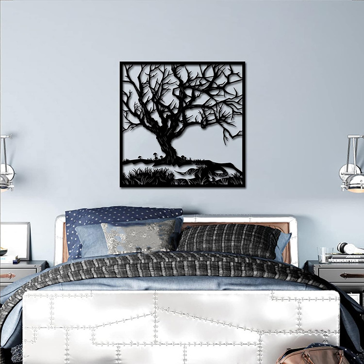 JH-Mech Bedroom Living Room Wall Hanging Forest Tree of Life Rustic Low Gloss Black Lightweight Metal Laser Cut Wall Art