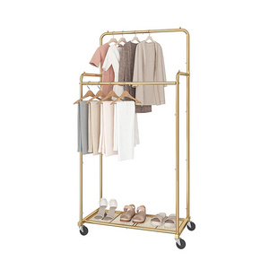 JH-Mech Heavy Duty Considerate Details Design Double Rod Durable and Sturdy Gold Industrial Pipe Clothing Racks on Wheels