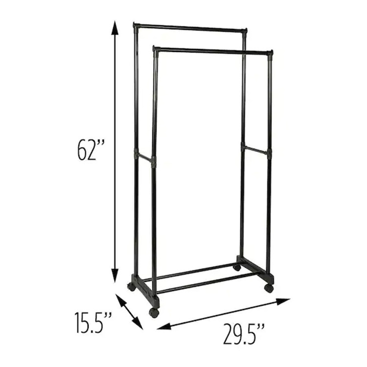 JH-Mech Adjustable Height Durable Double Rods Clothes Hanging Storage Racks For Warehouse Garment Rack With Wheels Heavy Duty