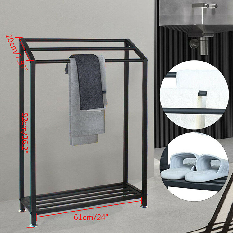 JH-Mech Quick Installation And Easy Operation Storage Shelf 3 Tier Bathroom Black Free Standing Metal Towel Bar Stand