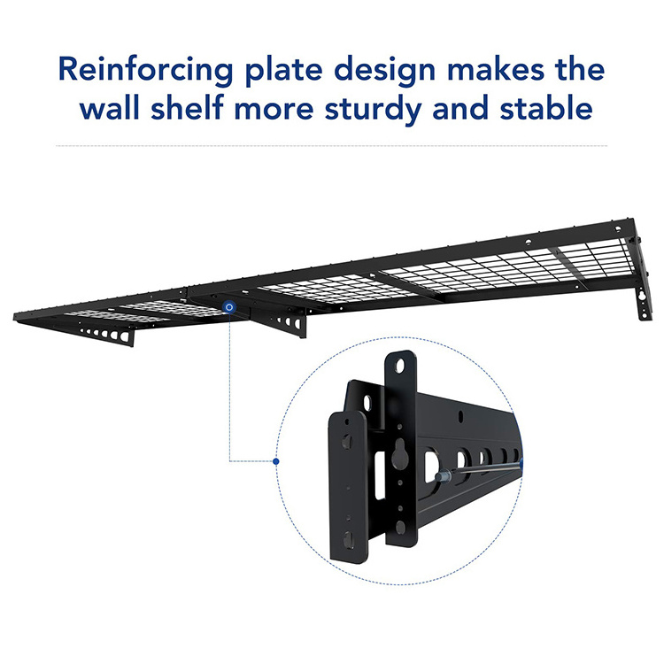 JH-Mech Wall Shelf Garage Storage Rack Custom Powder Coated Steel with Hanging Hooks Black Wire Metal Garage Wall Shelf