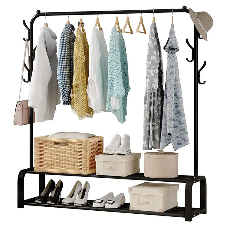 JH-Mech Multi-Functional Bedroom Clothing Rack Double Layer With Side Hook Design Metal Garment Rack Display Luxury Shelves