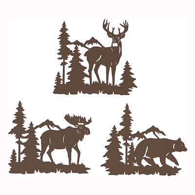 JH-Mech 9.3 Inch Brown Deer Bear Moose in the Forest Pine Tree Laser Cut Metal Wall Art Decor for Living Room Bedroom