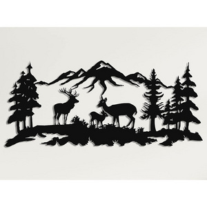 JH-Mech OEM Easy to Hang Lightweight Tree Decor Deer Family Design Matt Black Powder Coating Laser Cut Metal Wall Art Decor