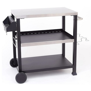 JH-Mech Functional Side Handle Outdoor Pizza Oven Grill Table Prep Cart Stainless Steel Grill Dining Cart