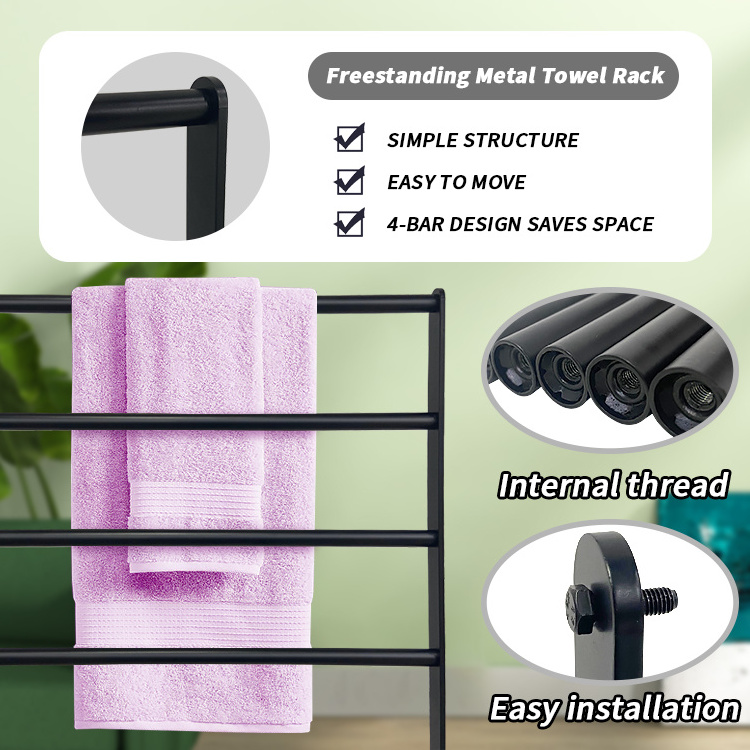 JH-Mech Modern Towel Display Rack Matte Black 4-Tier Metal Floor Freestanding Towel Rack