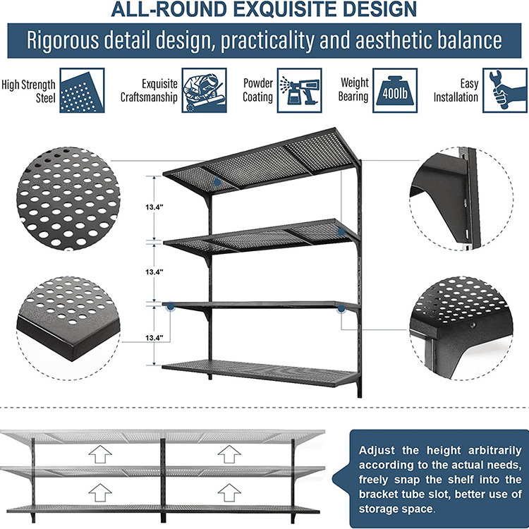 JH-Mech Custom Wall Shelf Garage Storage Rack Adjustable Height Rectangular Shape Cold Rolled Steel Metal Garage Wall Shelf