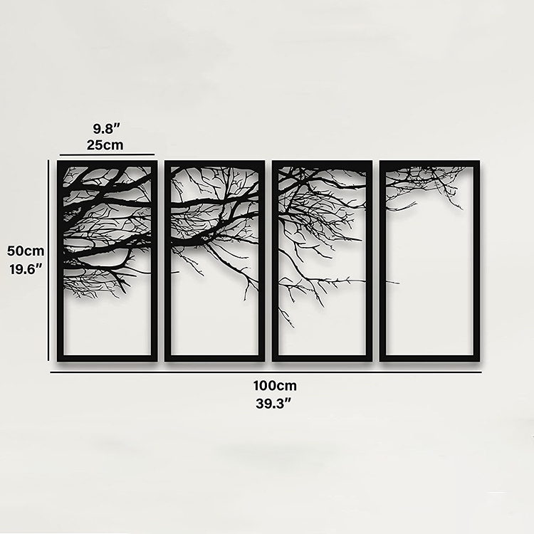 JH-Mech Tree Sign Interior Decoration Unique Design 4 Panels Wall Hangings Matt Black Tree Metal Wall Art Decor