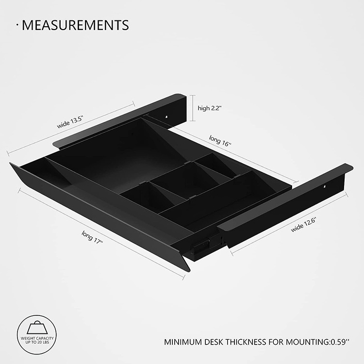 JH-Mech Custom Large Storage Organizer Adjustable Sliding Pull Out Black Powder Coated Durable Material Metal Under Desk Drawer