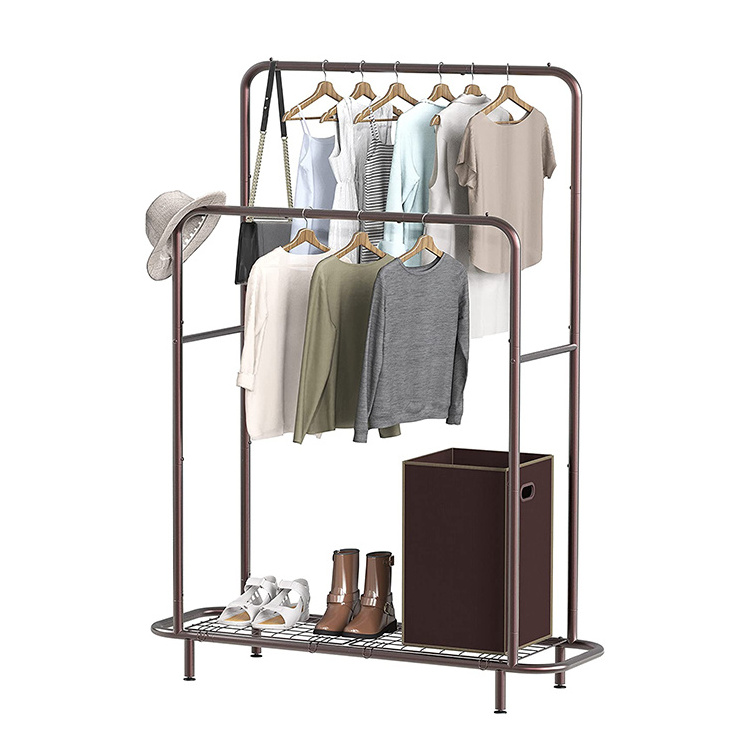 JH-Mech Easy to Assemble Durable Design with Bottom Shelves Bronze Clothing Stand Metal Garment Display Rack