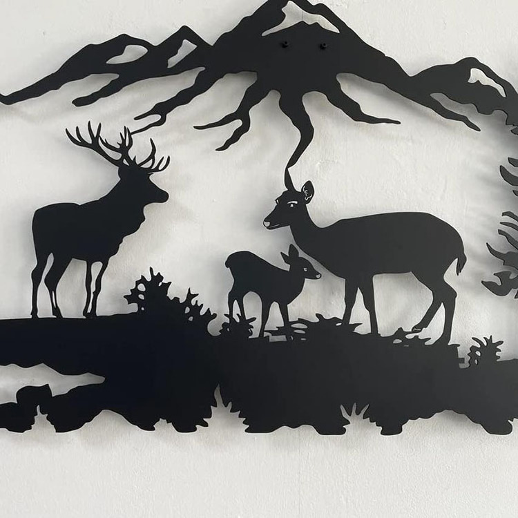 JH-Mech OEM Easy to Hang Lightweight Tree Decor Deer Family Design Matt Black Powder Coating Laser Cut Metal Wall Art Decor