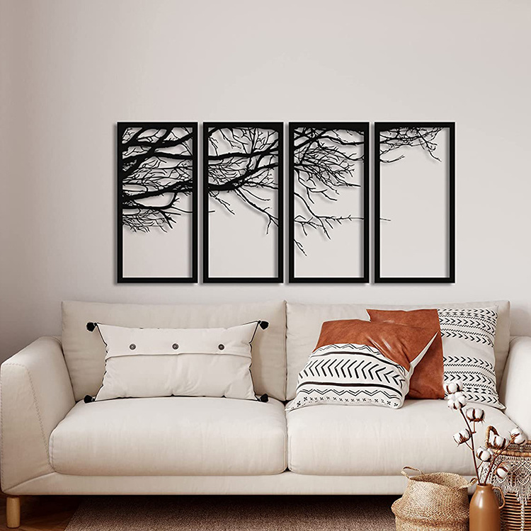 JH-Mech Tree Sign Interior Decoration Unique Design 4 Panels Wall Hangings Matt Black Tree Metal Wall Art Decor