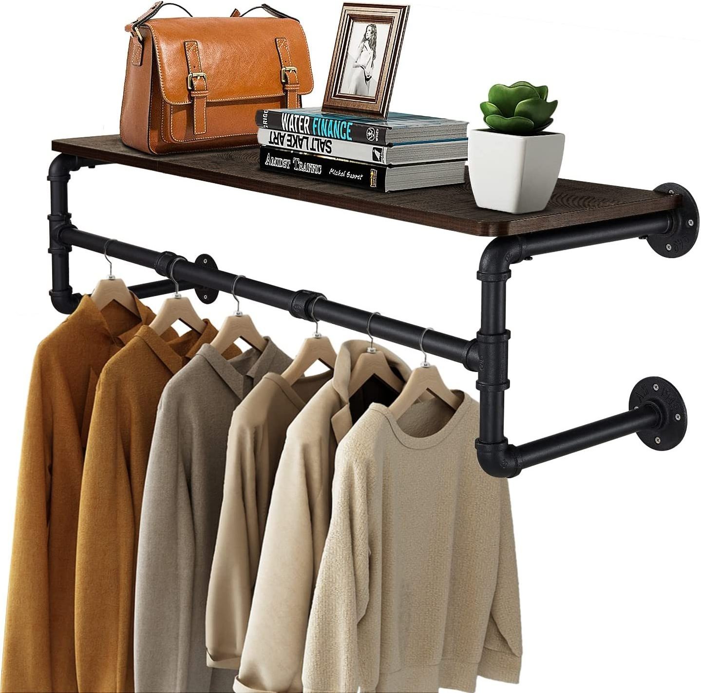 JH-Mech Heavy Duty Iron Garment Bar 41''L Wall Mounted Wooden Shelf Pipe Clothing Rack