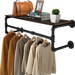 JH-Mech Heavy Duty Iron Garment Bar 41''L Wall Mounted Wooden Shelf Pipe Clothing Rack