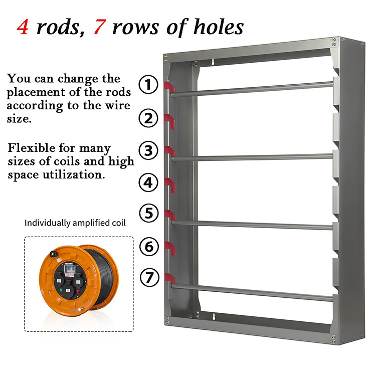 JH-Mech Cable Wire Spool Rack OEM Heavy Duty Retail Use with 4 Adjustable Rods Metal Wall Mounted Wire Spool Rack