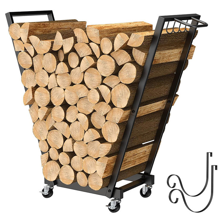 JH-Mech Fire Wood Holder With Hook Lumber Storage Carrier Courtyard Square Tube Matte Black Metal Firewood Log Rack With Wheels