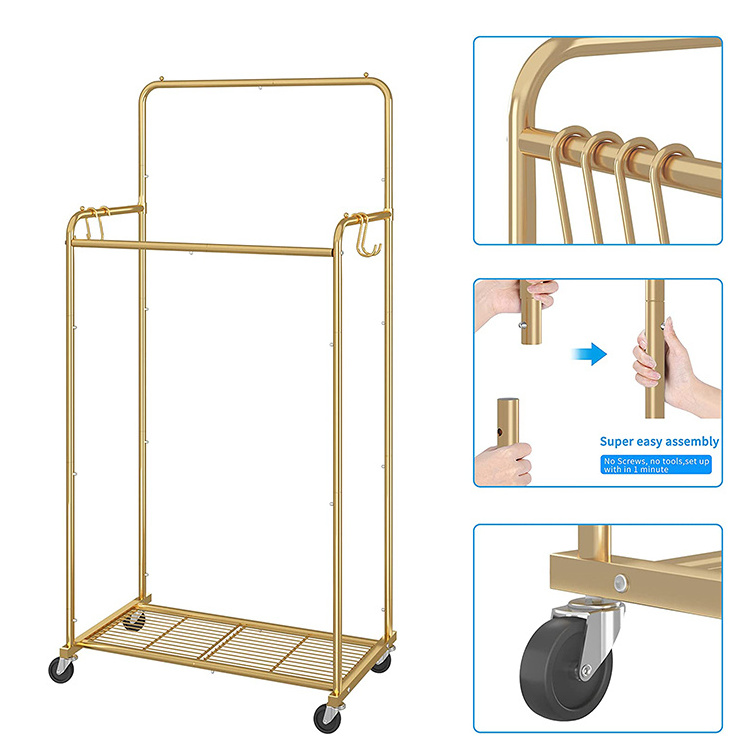 JH-Mech Heavy Duty Considerate Details Design Double Rod Durable and Sturdy Gold Industrial Pipe Clothing Racks on Wheels