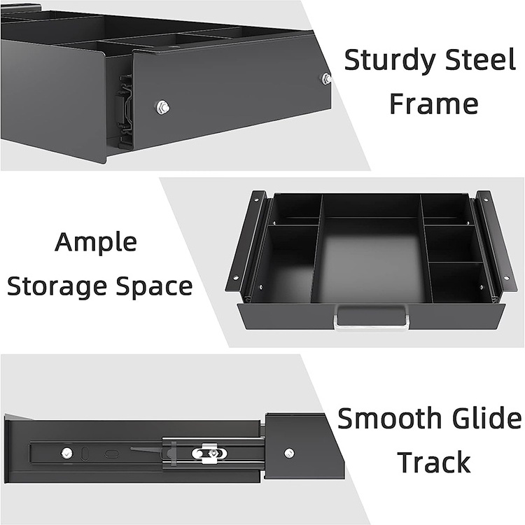 Jh-Mech Hidden Under Desk Drawer Simple Slide Out With Divider Design Bold Solid Iron Underdesk Tray Under Desk Drawer