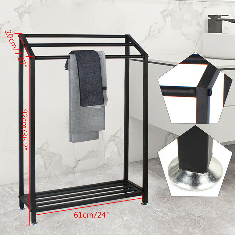 JH-Mech Quick Installation And Easy Operation Storage Shelf 3 Tier Bathroom Black Free Standing Metal Towel Bar Stand