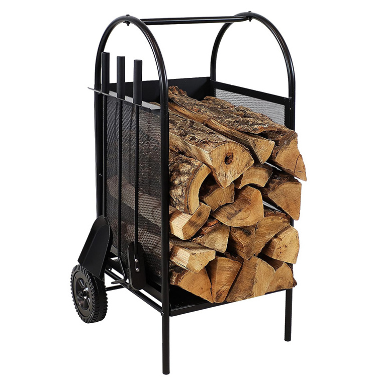 JH-Mech OEM Log Trolley Functional Courtyard Heavy-Duty 0.8MM Thickness Lumber Storage Carrier Carbon Steel Firewood Log Cart