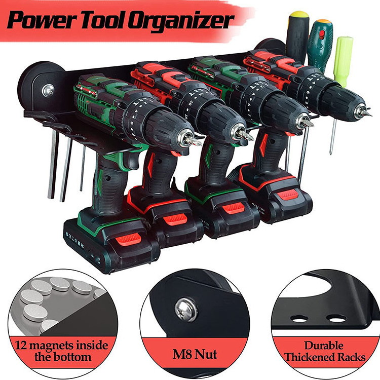 JH-Mech Magnetic Drill Organizer Utility Removable Storage Rack Shelf with Screwdriver Holder Power Tool Organizer Heavy Duty