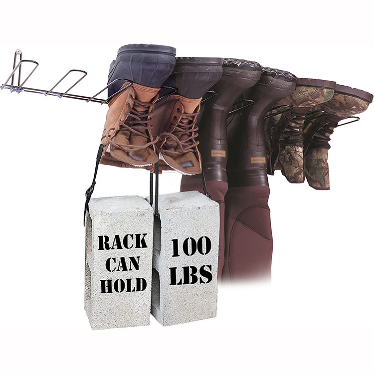 JH-Mech Custom Shoe Wader Hanger Storage Organizer Easy Installation Durable 4 Pairs Wall Mounted Metal Wire Boot Rack